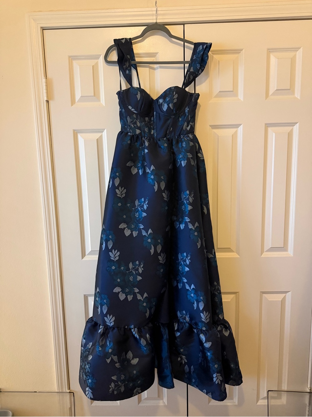 Baroque Rose Damask Floral Corset Maxi Dress | Midnight Navy | Size 8 - Picture 3 of 11